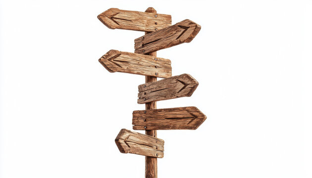 Naklejki A wooden signpost with multiple arrows pointing in different directions, suggesting choices or guidance.