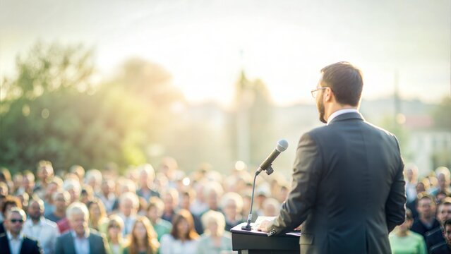 Man politician doing a speech outdoor in front of a crowd of members of a political party
