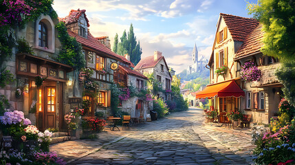 Charming background with a quaint bakery display, featuring freshly baked bread, croissants, and pastries arranged neatly