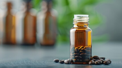 Closeup of a bottle of coffee extract.