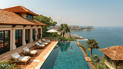 Fototapeta premium Luxurious Infinity Pool Overlooks the Ocean at a Hillside Villa During a Sunny Day
