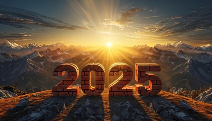 2025 in brick style at mountain sunrise, orange hues, future vision, new year concept