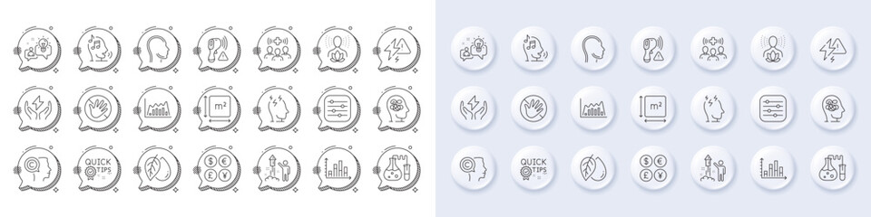 Mineral oil, Yoga balance and Filter line icons. White pin 3d buttons, chat bubbles icons. Pack of Quick tips, Chemistry lab, Do not touch icon. Head, Infographic graph, Safe energy pictogram. Vector