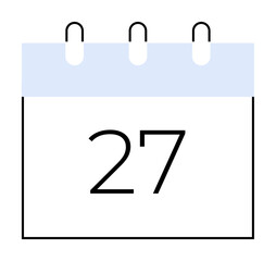 A simple calendar page displays the number 27 with a light blue header and three binder rings. Ideal for digital planners, scheduling apps, event reminders, productivity tools, and countdown widgets.