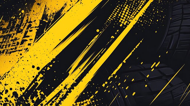 Abstract black and yellow background with tire tracks.