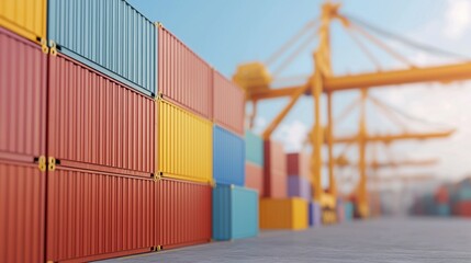 Fototapeta premium Colorful shipping containers stacked at a port with cranes in the background.