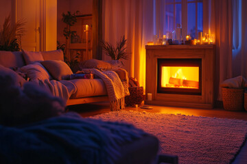 A cozy living room with a warm fireplace, soft lighting, and comfortable decor, creating a relaxing atmosphere.