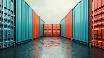 Fototapeta premium Colorful shipping containers lined up, reflecting on a wet surface, dramatic sky.