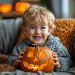Happy Halloween. Cute cheerful little boy laughs and holding orange pumpkin Jack-o-lantern while in cozy home. Made with generative ai.