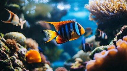 Fototapeta premium A colorful fish swims in a tank with other fish