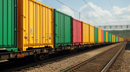 Colorful shipping containers lined up on railway tracks under a clear blue sky.