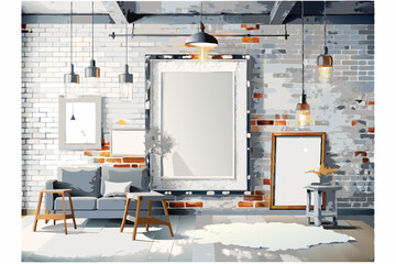 Modern Industrial Living Room with Exposed Brick and Trendy Decor © Oksa Art