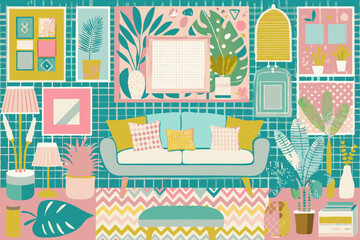 Vibrant Retro Living Room Interior with Trendy Decor