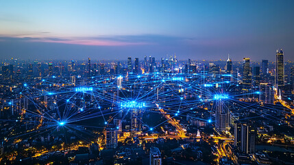 Fototapeta premium Wide-angle aerial view of the city skyline at night, with glowing connections between buildings and streetlights forming intricate networks representing smart urban infrastructure, featuring digital b