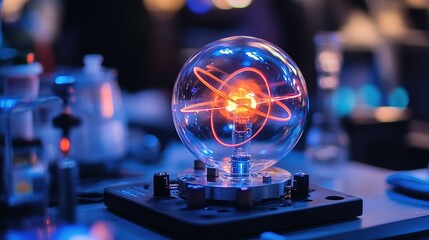 A glowing plasma globe displays vibrant electric arcs, creating a dynamic visual experience in a scientific setting.