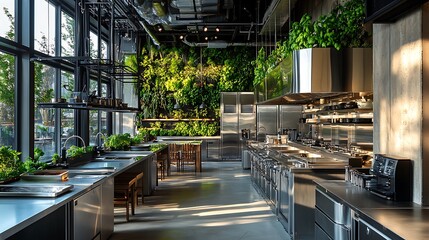 Fototapeta premium Modern Minimalist Kitchen Room with Wooden Table, luxurious Interior Design, Furniture with Background