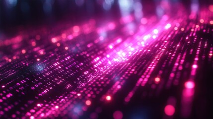 Fototapeta premium A vibrant technology background with glowing purple hues and binary code falling diagonally, symbolizing digital data flow.