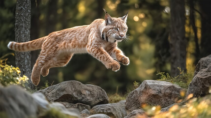 Obraz premium Endangered Caucasian lynx leaping over rocks in forest, rare wild cat species from Europe 