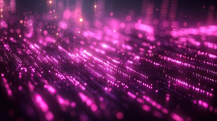 Obraz premium A vibrant technology background with glowing purple hues and binary code falling diagonally, symbolizing digital data flow.
