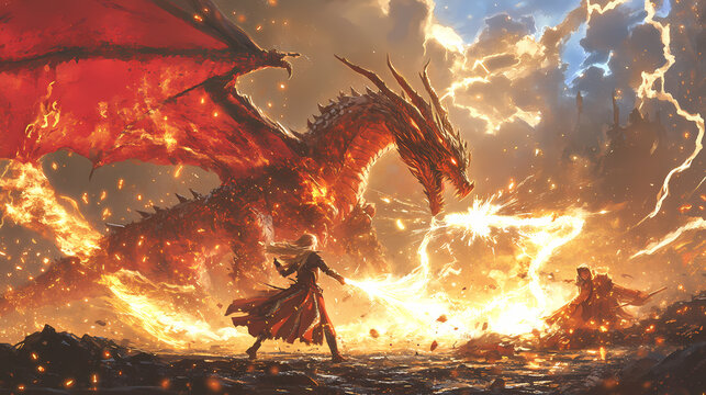 Epic battle between girl and electric dragon. anime fantasy illustration art. Medieval Battle. Illustration