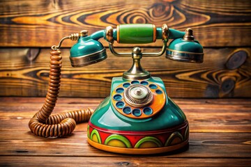 A vintage telephone rests elegantly on a wooden table, showcasing retro design and classic style...