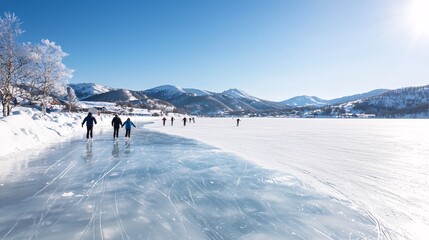 Fototapeta premium Winter Wonderland on a Frozen Lake - Skaters Embrace the Serenity of Nature Under a Clear Blue Sky with Snow-Covered Banks and Majestic Distant Mountains