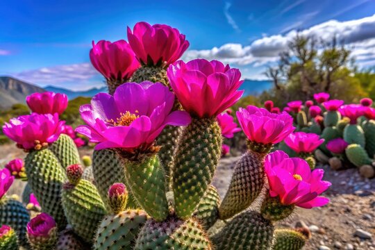 Beavertail cactus bursts with vivid pink flowers, contrasting beautifully against the vast, arid desert landscape, showcasing nature's vibrant palette in a serene setting.