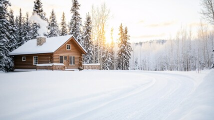 Serene Winter Retreat - Cozy Snow-Covered Cabin Amidst Pine Trees with Smoke Curling from the Chimney in a Peaceful Snowy Landscape