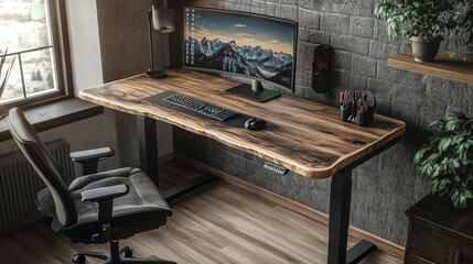 Adjustable standing desk with wooden top,