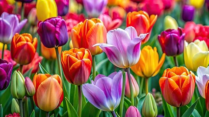 Fototapeta premium Brighten your space with vibrant tulip wallpaper, a colorful floral design perfect for desktop backgrounds, enhancing both home and office decor with elegance and charm.