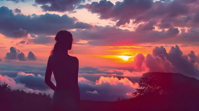 夕暮れの女性のシルエット