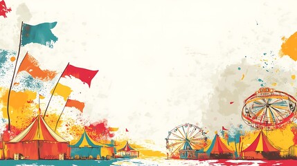 Naklejka premium Watercolor illustration of a colorful carnival with tents, flags, and a Ferris wheel.