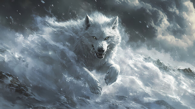 Fierce and powerful wolf charging forward through a swirling blizzard in a desolate icy tundra landscape the wolf s intense eyes and snarling expression convey its primal. Icy Tundra. Illustration