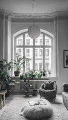 Stylish Living Room Interior with Large Window, Plants and Cozy Furniture in Monochromatic Colors.