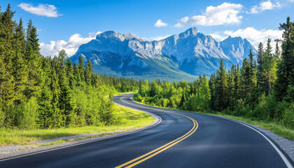 Fototapeta premium A winding road leads through lush greenery and majestic mountains under a clear blue sky.