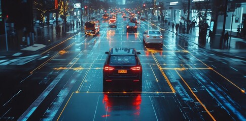 A car drives through a futuristic city with digital overlays, showcasing a vision of a smart city.