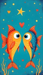 Fototapeta premium Two vibrant fish share a kiss against a bright blue background filled with stars and hearts