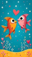 Fototapeta premium Two playful fish express their affection surrounded by flowers and stars under the ocean