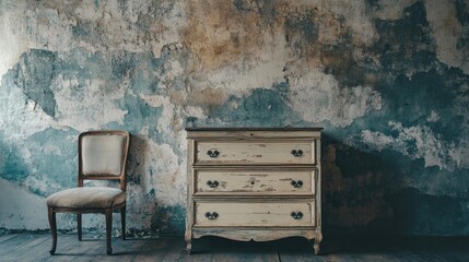 Ancient vintage classic dresser near dilapidated wall Retro grunge home interior design of aged living room