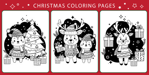 Set of outline coloring pages. Cartoon smiling cute reindeer Rudolph, teddy bear, hare, Christmas tree, gingerbread winter house. Colorful vector illustration, winter coloring book for children.