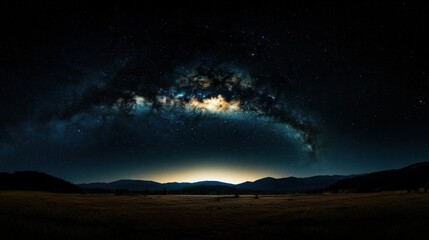 The radiant Milky Way stretches across the starry night sky, illuminating the mountainous landscape...