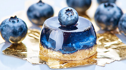 a blueberry entremet on gold leaf, extreme close-up of glossy surface