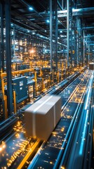 Fototapeta premium A cardboard box moves along a conveyor belt in a modern factory setting, highlighting the efficiency and automation of modern manufacturing.