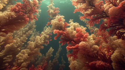  vibrant underwater scene with large, branching coral formations.