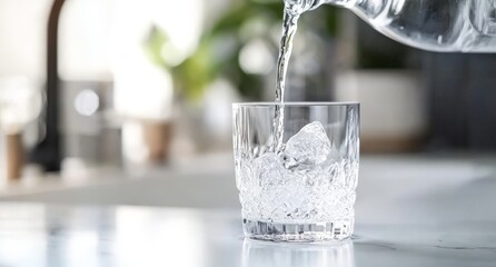 Crystal glass with ice cube and water being poured on a bright kitchen countertop