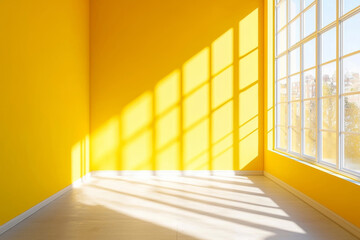 Obraz premium A bright yellow room with large windows casting shadows on the floor, creating a warm and inviting atmosphere.