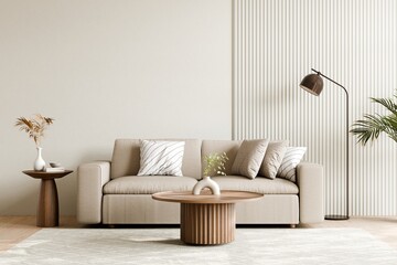 Modern minimalist living room with earthy decor elements, 3d render.