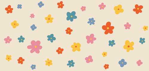 Flowers hand drawn Y2K seamless pattern. Vector colorful doodle funny confetti background in 70s groovy style