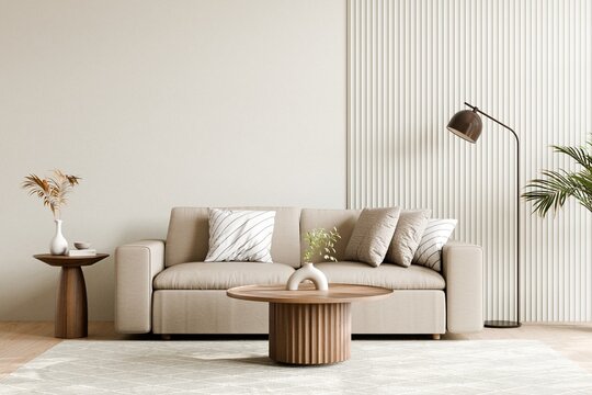 Modern minimalist living room with earthy decor elements, 3d render. - Powered by Adobe