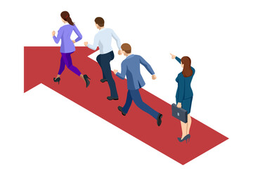 Isometric business persons racing on the arrows. Business people, managers, employees discussing strategy for achieving goal and success